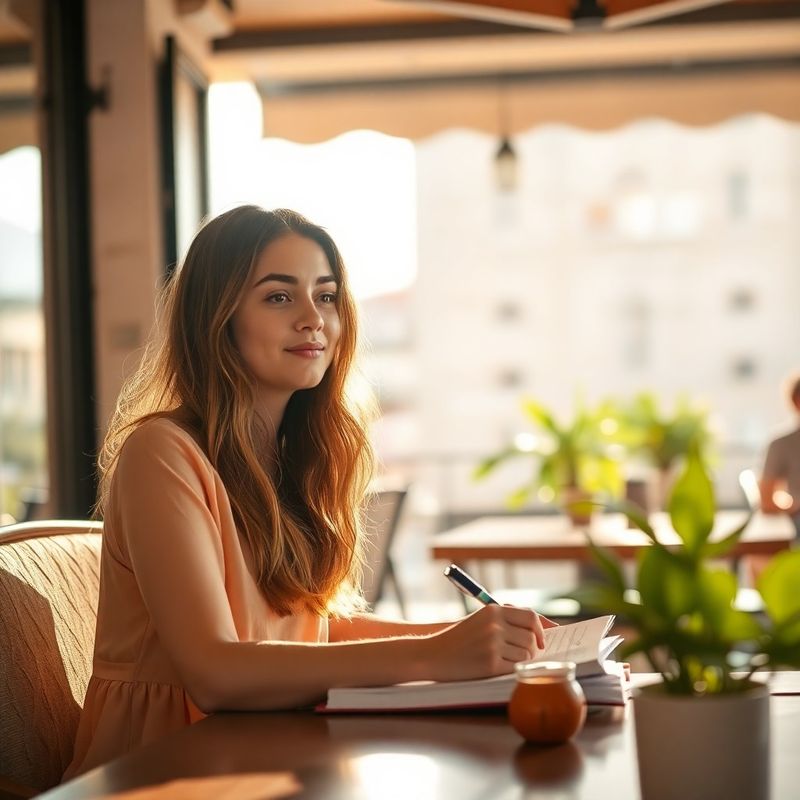 Mlada urednica piše u sunčanom pulskom kafiću u toplim tonovima